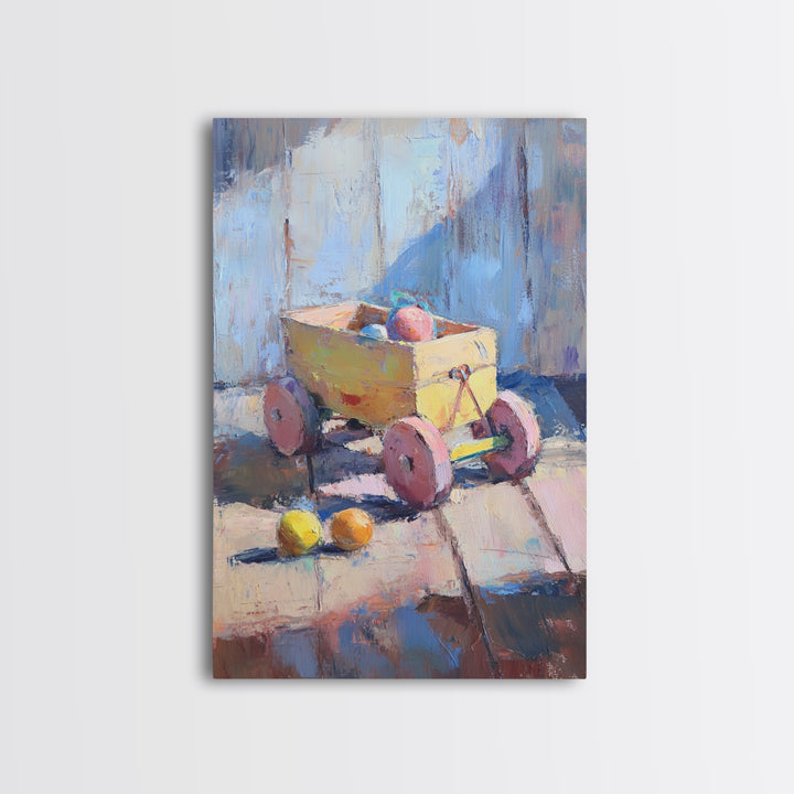 Yellow Toy Wagon With Fruit Still Life Canvas Print, Colorful Whimsical Wall Art, Kids Room Decor, Playroom Nursery Art Gift