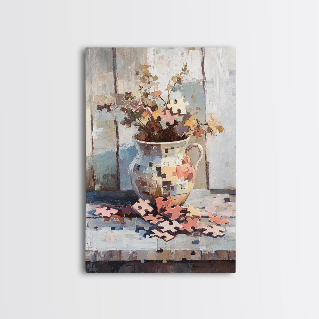 Puzzle Piece Bouquet In Ceramic Pitcher Canvas Print, Whimsical Wall Art, Unique Home Decor, Gallery Wall Art Gift For Her