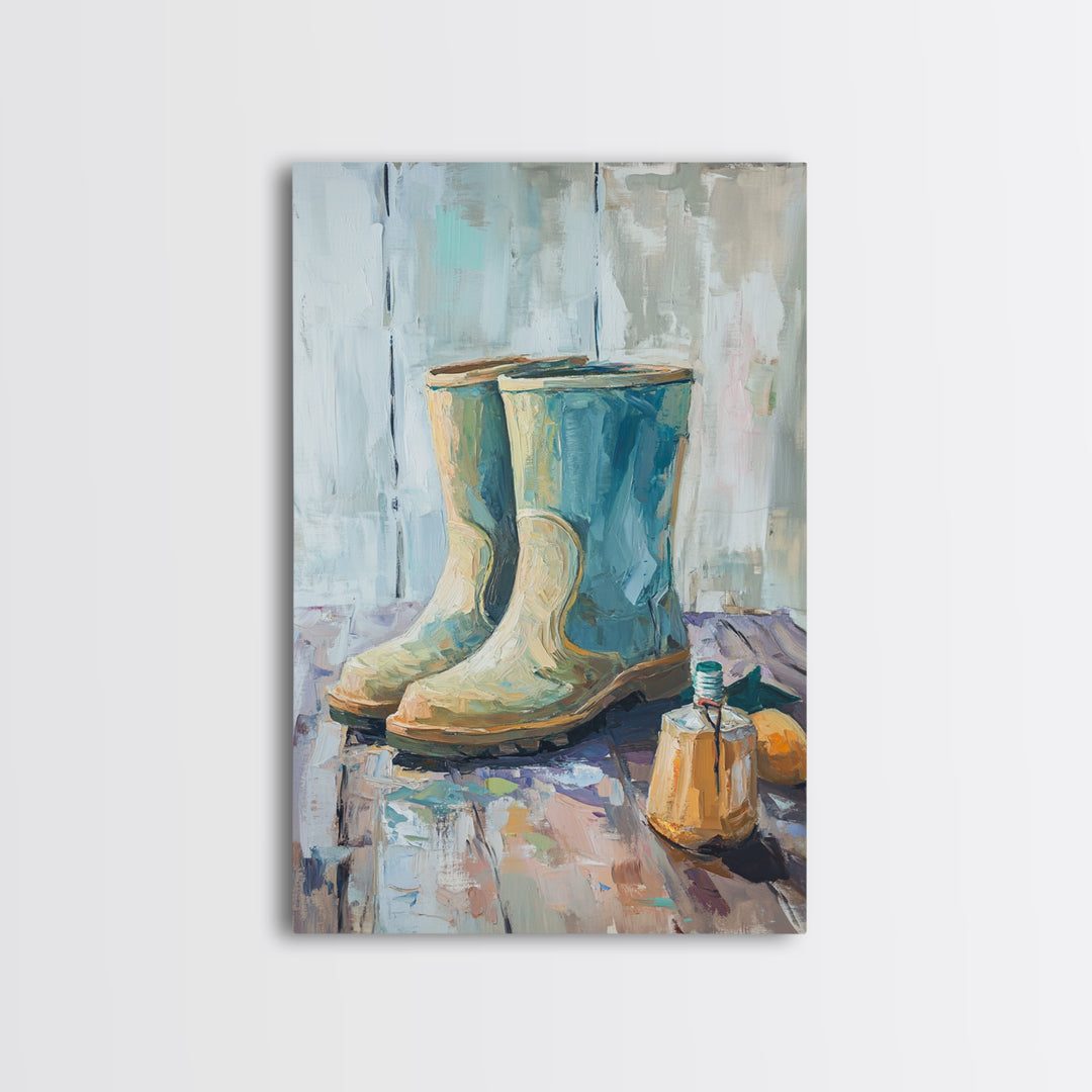 Blue Rain Boots And Small Jug Wall Art, Rustic Farmhouse Canvas Print, Country Home Decor, Mudroom Entryway Decor Gift For Her