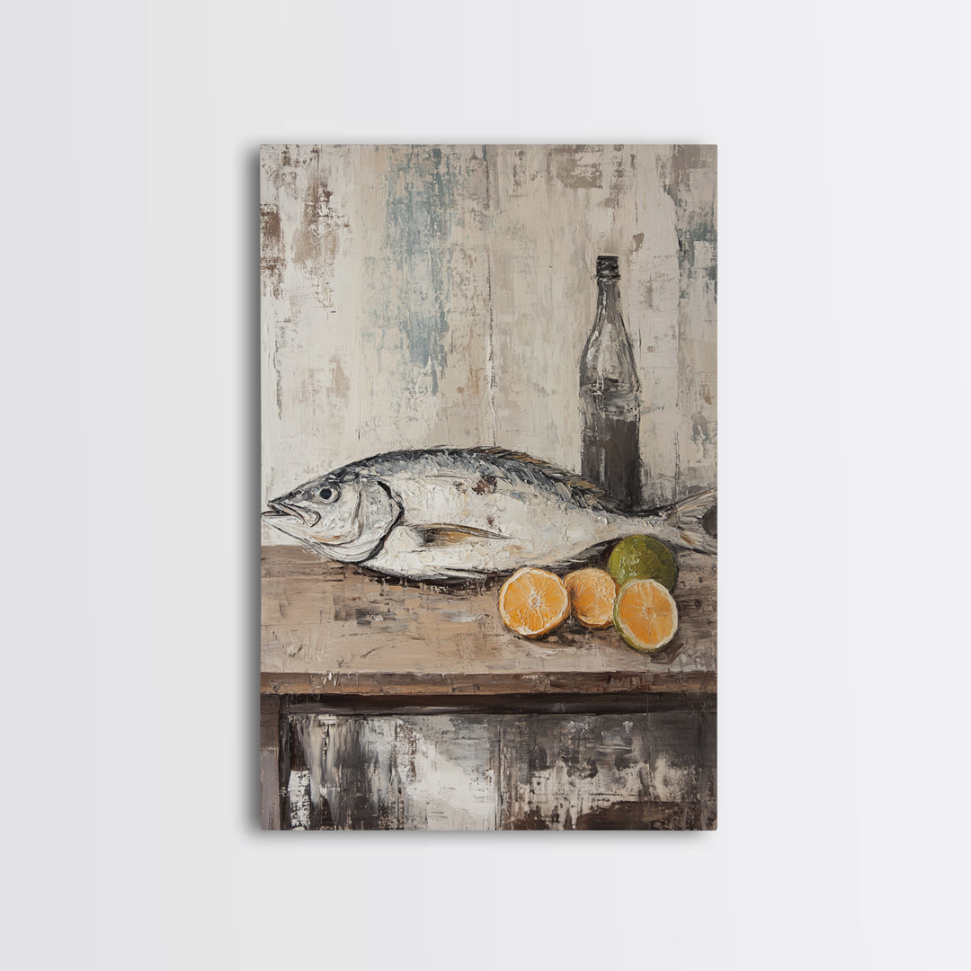 Fresh Fish With Citrus And Bottle Wall Art, Coastal Kitchen Canvas Print, Seafood Still Life, Rustic Dining Room Decor, Gift