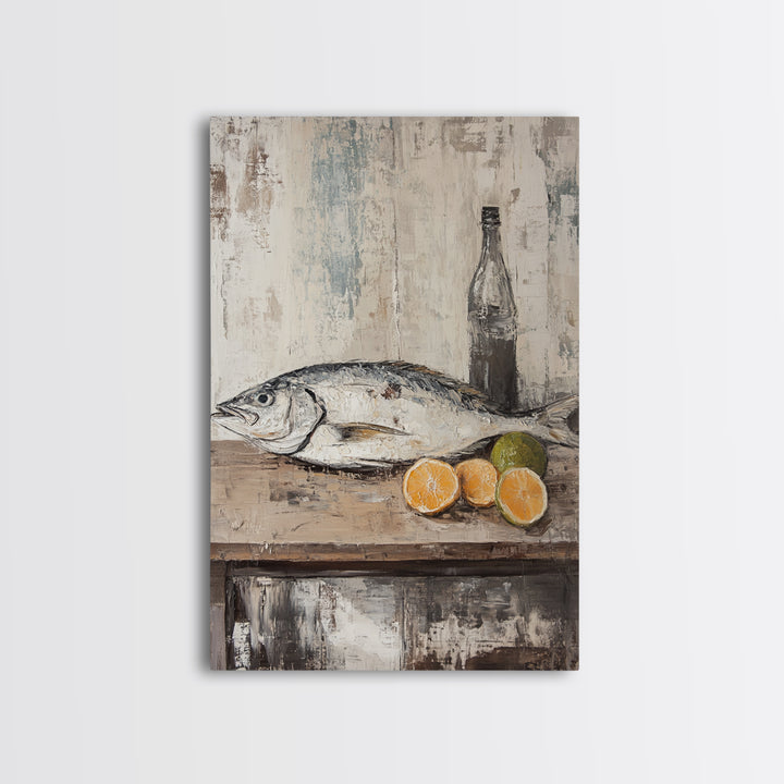 Fresh Fish With Citrus And Bottle Wall Art, Coastal Kitchen Canvas Print, Seafood Still Life, Rustic Dining Room Decor, Gift
