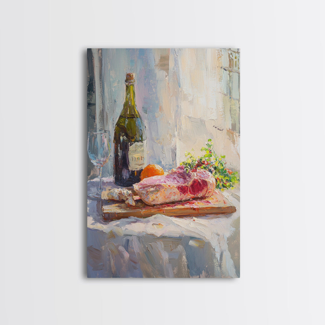 Wine Bottle And Steak Still Life Wall Art, French Kitchen Canvas Print, Dining Room Decor, Food Lover Gift, Rustic Home Decor