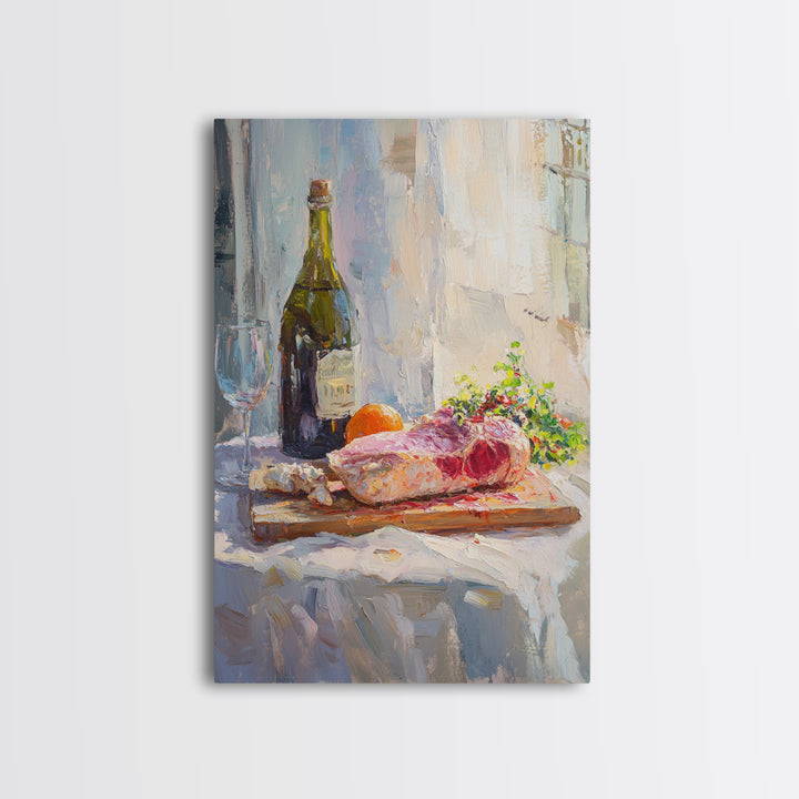 Wine Bottle And Steak Still Life Wall Art, French Kitchen Canvas Print, Dining Room Decor, Food Lover Gift, Rustic Home Decor
