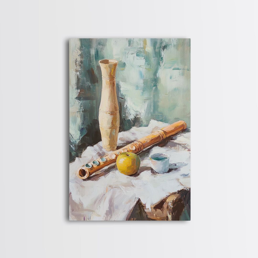 Wooden Flute Vase And Lemon Still Life Wall Art, Music Room Canvas Print, Boho Kitchen Decor, Rustic Instrument Art Gift