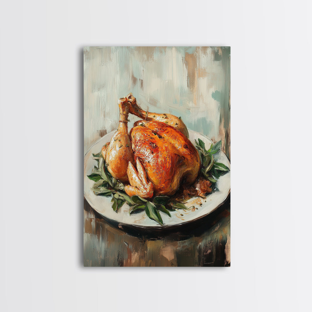 Roast Chicken With Herbs On Platter Wall Art, Rustic Kitchen Canvas Print, Farmhouse Dining Room Decor, Foodie Gift For Chef