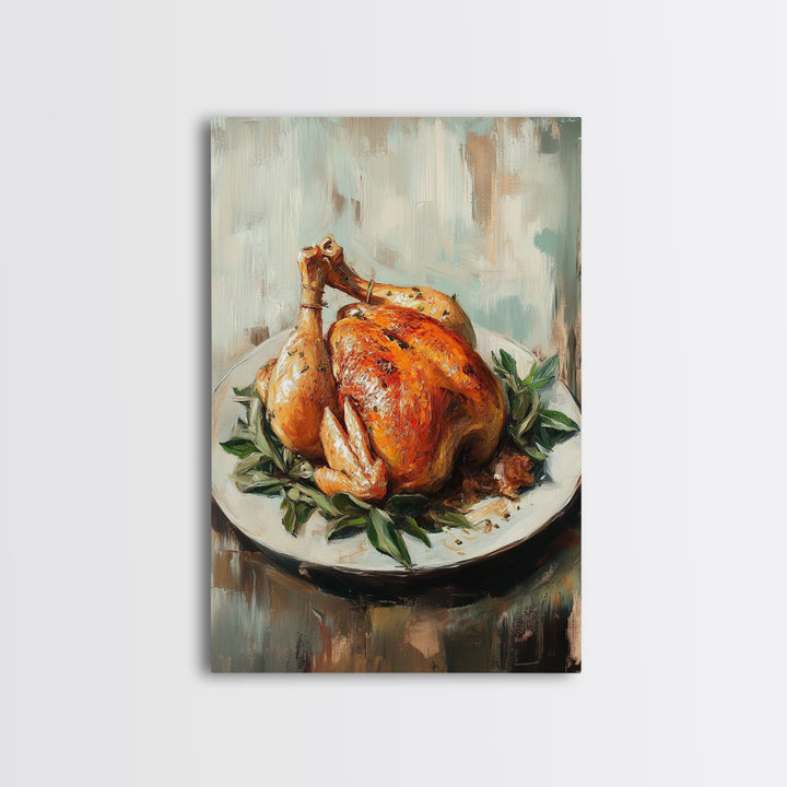 Roast Chicken With Herbs On Platter Wall Art, Rustic Kitchen Canvas Print, Farmhouse Dining Room Decor, Foodie Gift For Chef