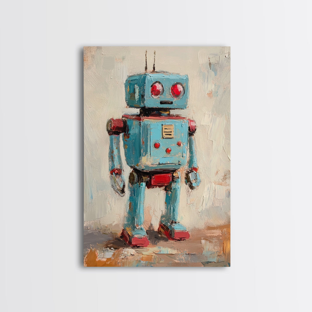 Whimsical Blue Toy Robot Oil Painting, Canvas Print For Kids Room Decor, Robot Wall Art, Sci Fi Nursery Art Gift, Modern Home Decor