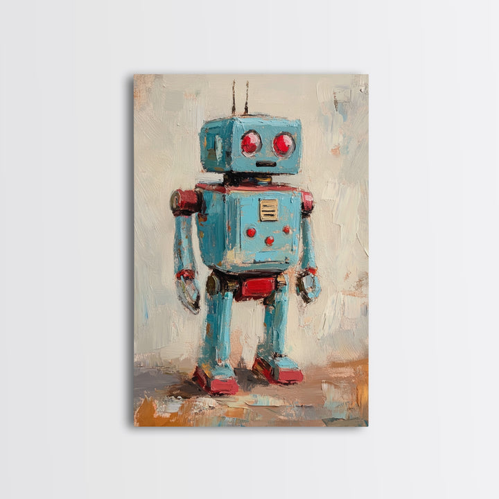 Whimsical Blue Toy Robot Oil Painting, Canvas Print For Kids Room Decor, Robot Wall Art, Sci Fi Nursery Art Gift, Modern Home Decor