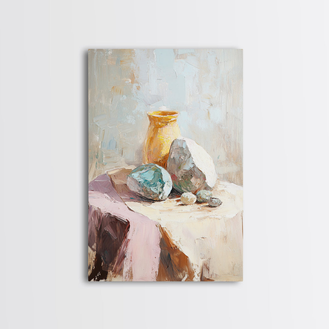 Neutral Stone And Amber Vase Still Life, Canvas Print For Minimalist Wall Art, Wabi Sabi Decor, Modern Home Decor, Fine Art Print