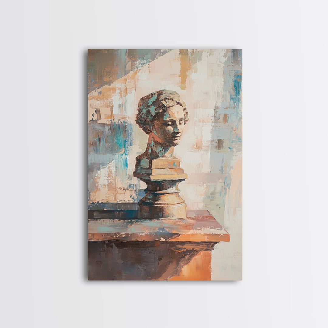 Classical Bust Sculpture On Wooden Shelf Painting, Canvas Print For Dark Academia Wall Art, Office Decor, Art History Gift