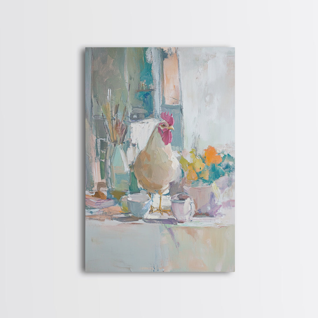 Charming Rooster On Kitchen Counter Painting, Canvas Print For Farmhouse Kitchen Wall Art, Rustic Country Decor, Chef Gift