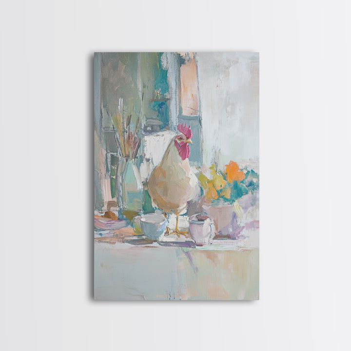 Charming Rooster On Kitchen Counter Painting, Canvas Print For Farmhouse Kitchen Wall Art, Rustic Country Decor, Chef Gift