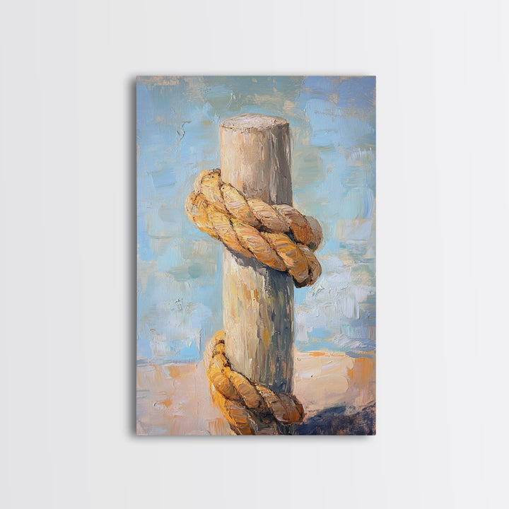 Thick Nautical Rope Around Weathered Dock Post, Framed Canvas Print For Coastal Wall Art, Beach House Decor, Lake House Gift