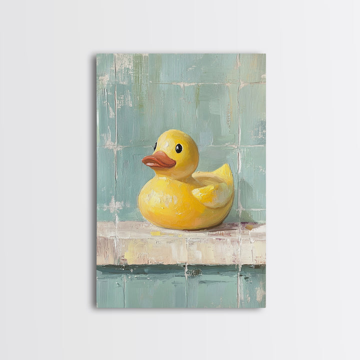 Bright Yellow Rubber Duck On Aqua Tile Painting, Canvas Print For Bathroom Wall Art, Funny Bathroom Decor, Kids Room Gift