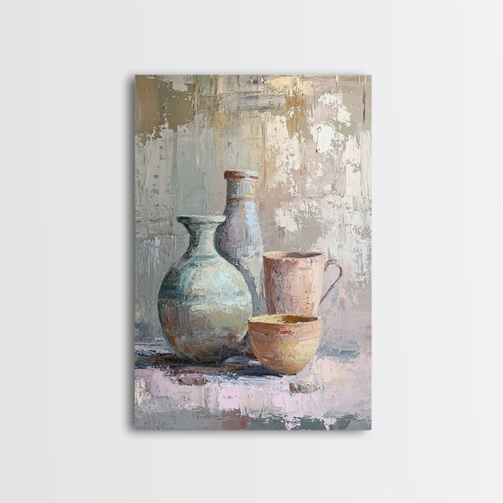 Textured Ceramic Vessels And Tea Cups Canvas Print, Neutral Kitchen Wall Art, Rustic Home Decor, Still Life Art Print Gift