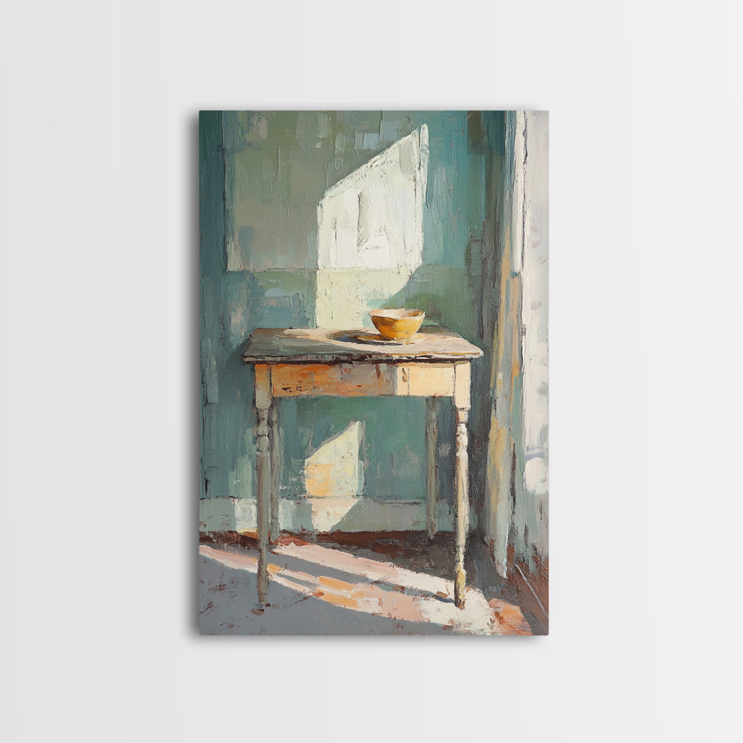 Sunlit Wooden Table With Orange Bowl Framed Canvas Print, Minimalist Wall Art, Japandi Decor, Neutral Home Decor Gift For Her