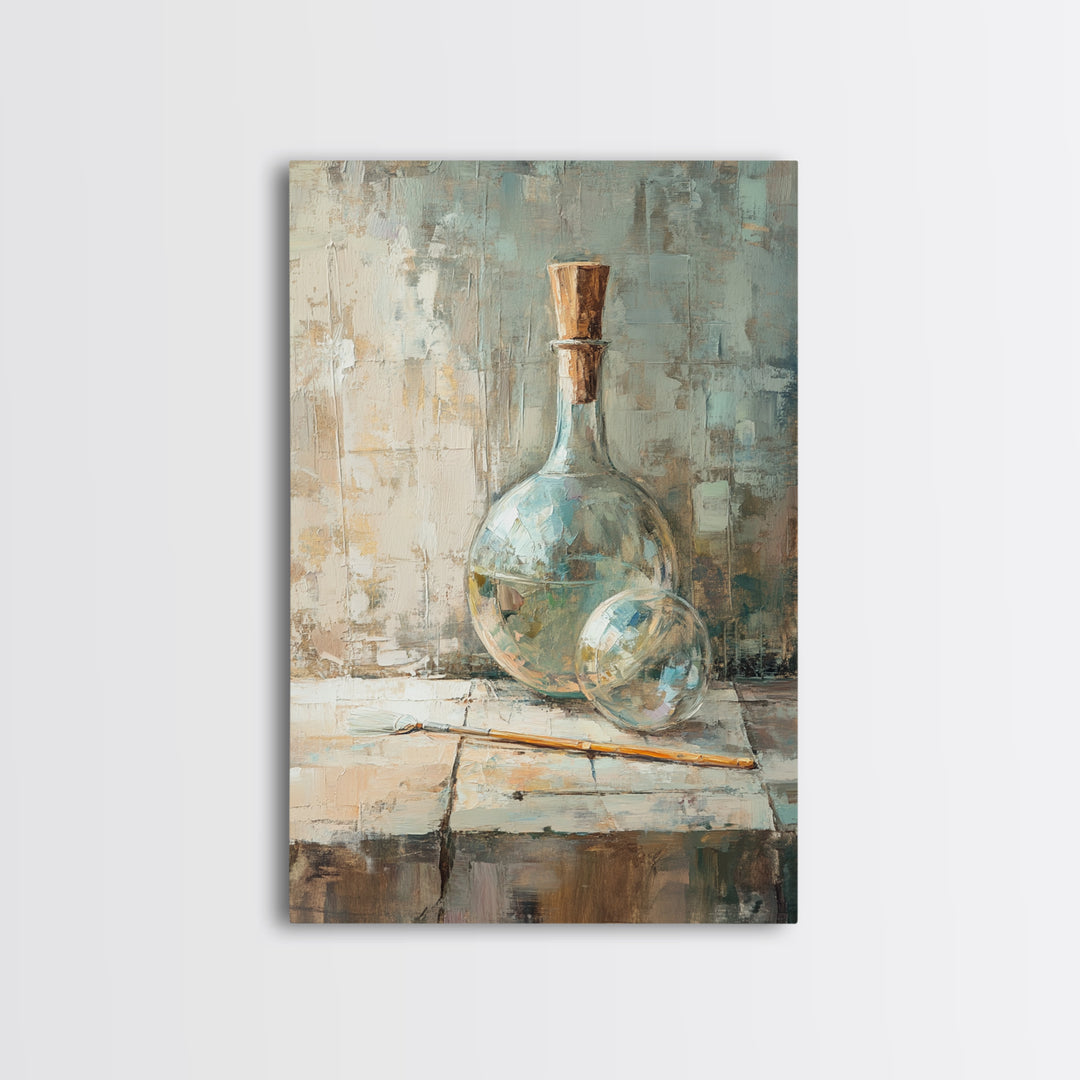 Aqua Glass Bottle And Cork Still Life Wall Art, Coastal Kitchen Decor, Neutral Canvas Wall Art, Contemporary Art Print Gift
