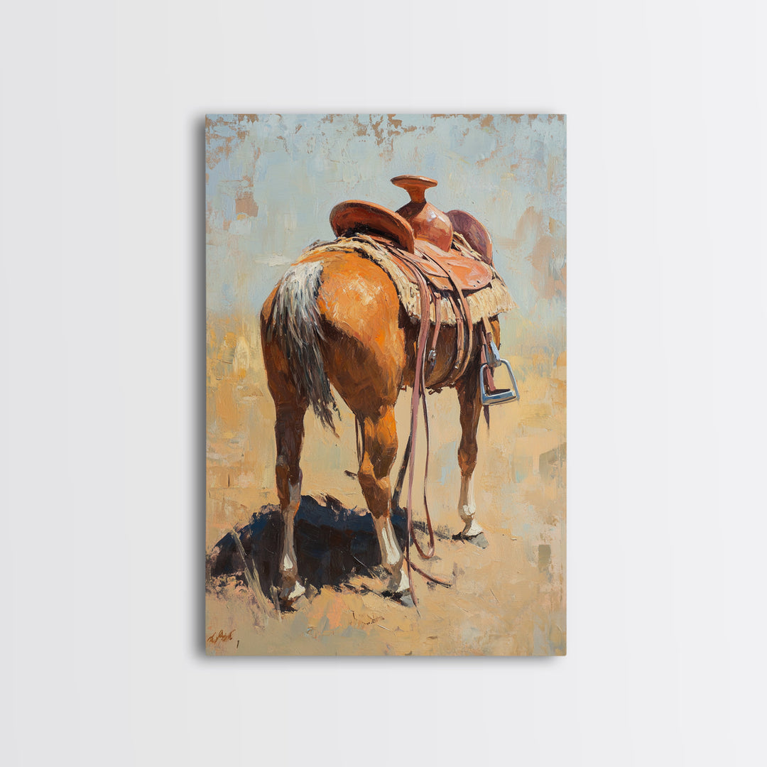 Saddled Chestnut Horse Western Canvas Print, Rustic Cowboy Wall Art, Equestrian Home Decor, Farmhouse Ranch Gift For Horse Lovers