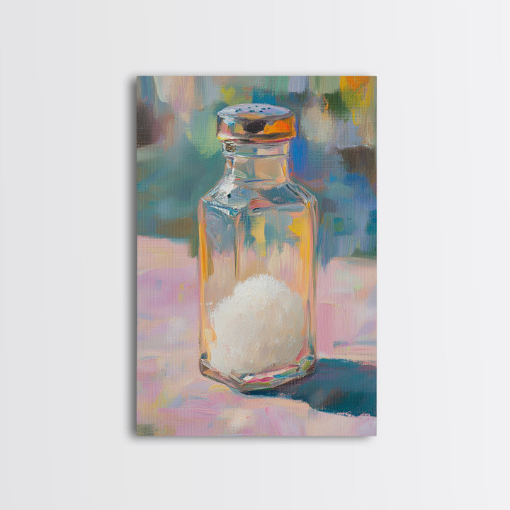 Colorful Glass Salt Shaker Canvas Print, Modern Kitchen Wall Art, Bright Still Life Painting, Dopamine Home Decor Gift Idea