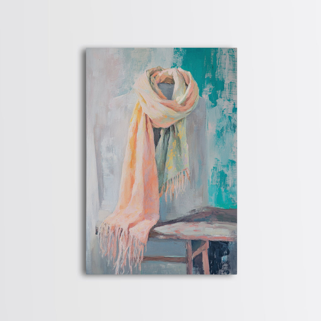 Soft Pastel Scarf On Dress Form Canvas Print, Feminine Wall Art, Fashion Studio Decor, Chic Neutral Bedroom Art Gift For Her