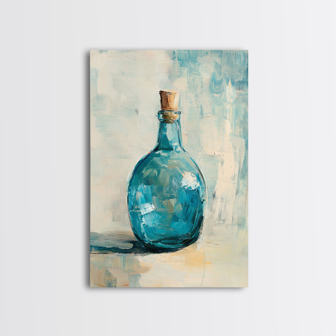 Turquoise Glass Bottle With Cork Canvas Print, Coastal Wall Art, Minimal Still Life Painting, Blue Bathroom Home Decor Gift
