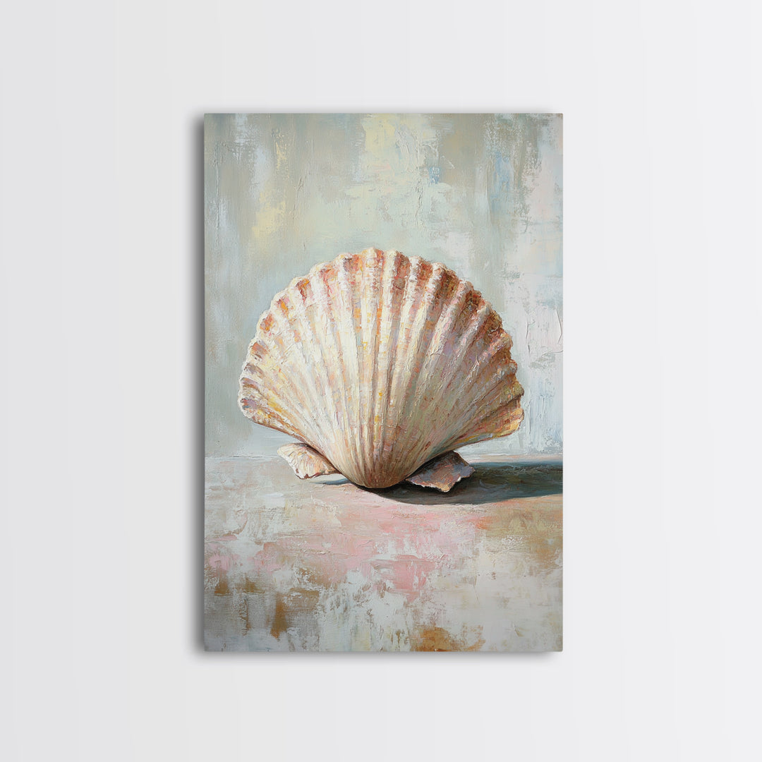 Textured Scallop Shell Still Life Wall Art, Coastal Beach House Decor, Seashell Painting, Neutral Bathroom Wall Decor, Spa Art