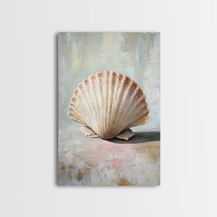 Textured Scallop Shell Still Life Wall Art, Coastal Beach House Decor, Seashell Painting, Neutral Bathroom Wall Decor, Spa Art