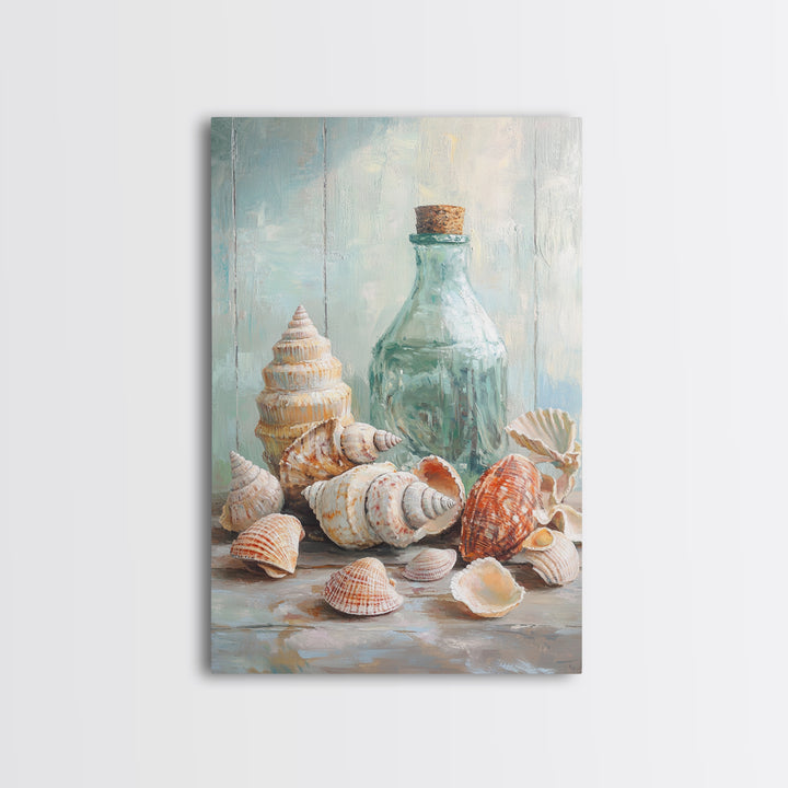 Sea Shells And Corked Glass Bottle Canvas Print, Coastal Wall Art, Beach House Decor, Nautical Bathroom Art, Ocean Print