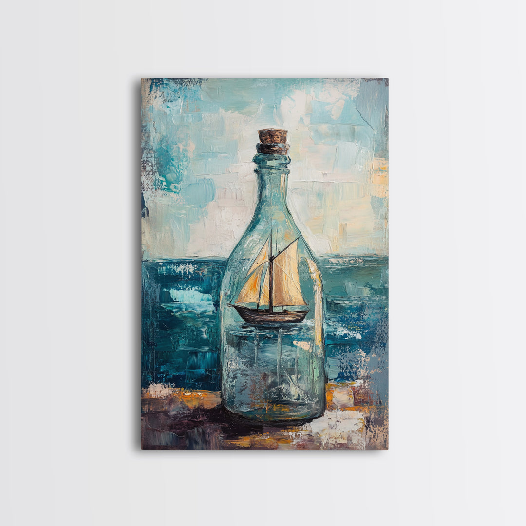 Ship In A Bottle Nautical Canvas Print, Coastal Wall Art, Sailboat Seascape, Ocean Decor, Beach House Statement Artwork Print
