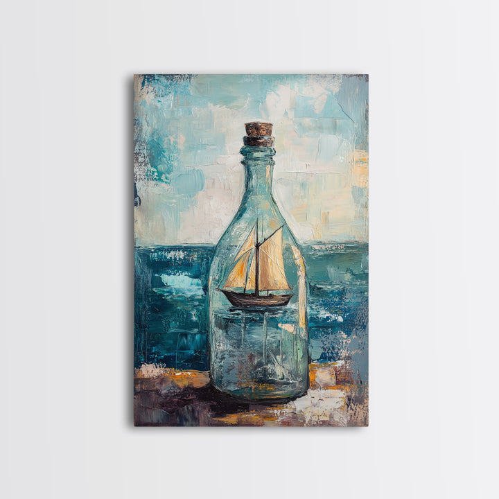 Ship In A Bottle Nautical Canvas Print, Coastal Wall Art, Sailboat Seascape, Ocean Decor, Beach House Statement Artwork Print