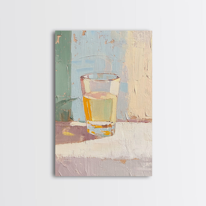 Minimal Glass Of Golden Tea Still Life Wall Art, Neutral Kitchen Decor, Modern Rustic Canvas Print, Soft Abstract Painting
