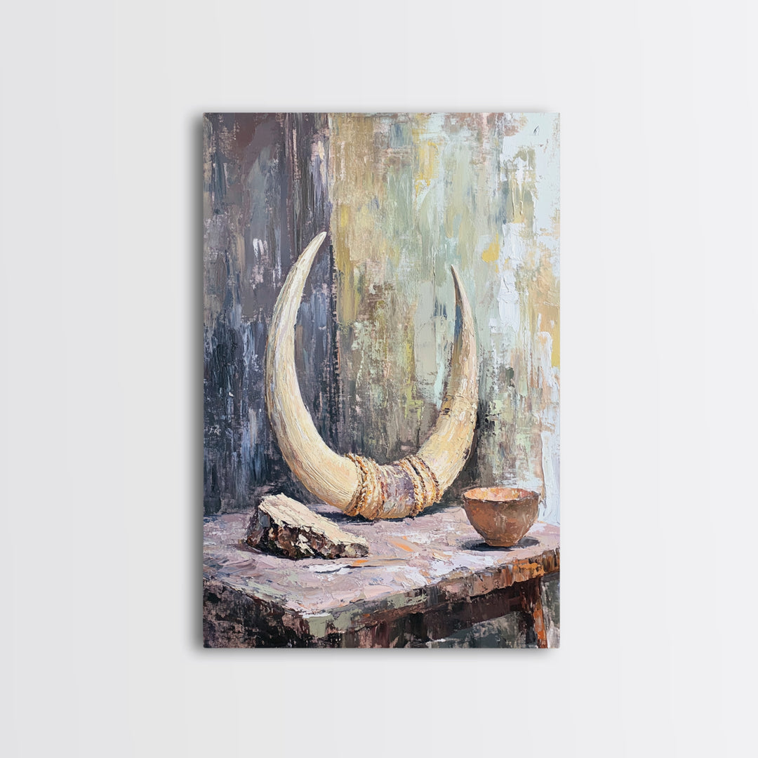 Curved Ivory Horn And Rustic Bowl Still Life Framed Canvas Print, African Inspired Wall Art, Tribal Decor, Moody Neutral Art
