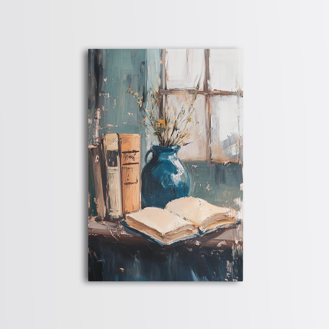 Open Book And Blue Vase Wall Art, Cozy Library Still Life, Dark Academia Decor, Reading Nook Art Print, Home Office Decor
