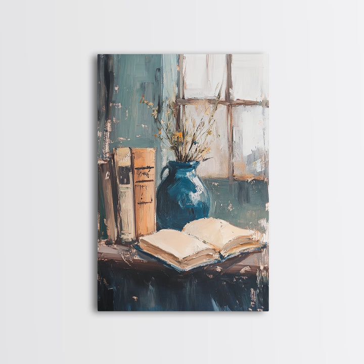 Open Book And Blue Vase Wall Art, Cozy Library Still Life, Dark Academia Decor, Reading Nook Art Print, Home Office Decor