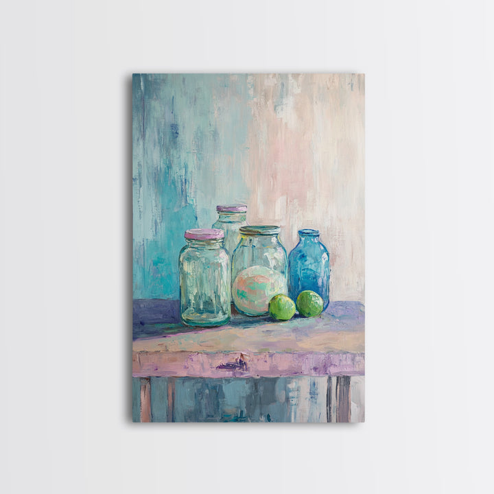Glass Jars With Limes Still Life Wall Art, Colorful Kitchen Decor, Modern Farmhouse Canvas Print, Dining Room Art Gift Idea