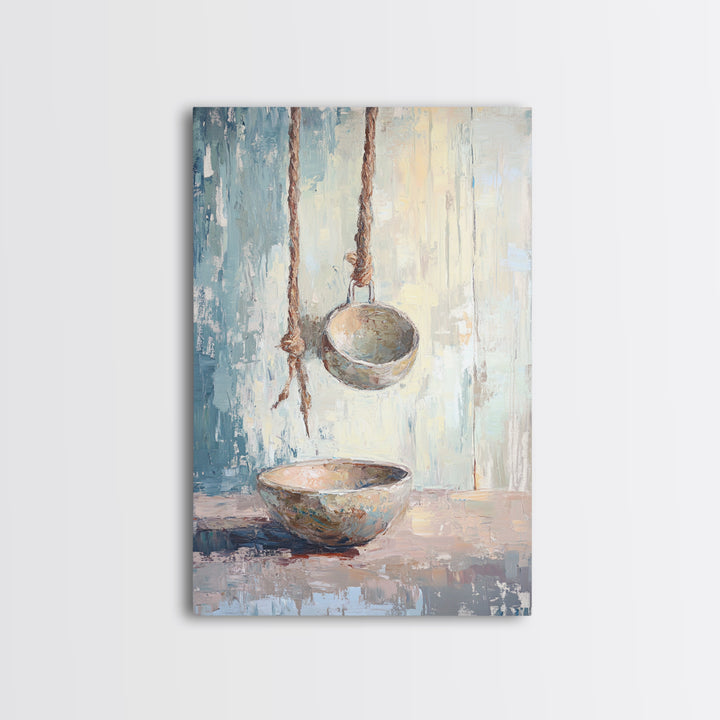 Hanging Ceramic Bowls Wall Art, Wabi Sabi Still Life Canvas Print, Neutral Rustic Kitchen Decor, Japandi Wall Decor Gift