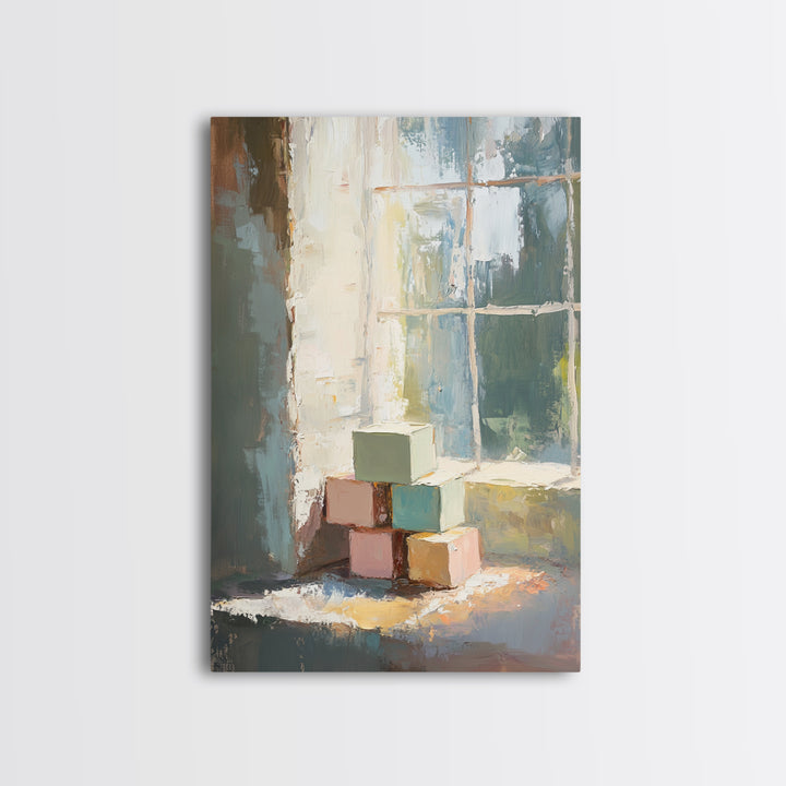 Pastel Wooden Blocks By Window Wall Art, Nursery Still Life Canvas Print, Kids Room Decor, Playroom Wall Art, Baby Gift Idea