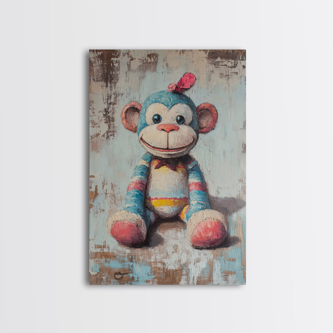 Whimsical Sock Monkey Canvas Print, Nursery Wall Art, Kids Room Decor, Cute Animal Art, Baby Shower Gift, Playroom Decor