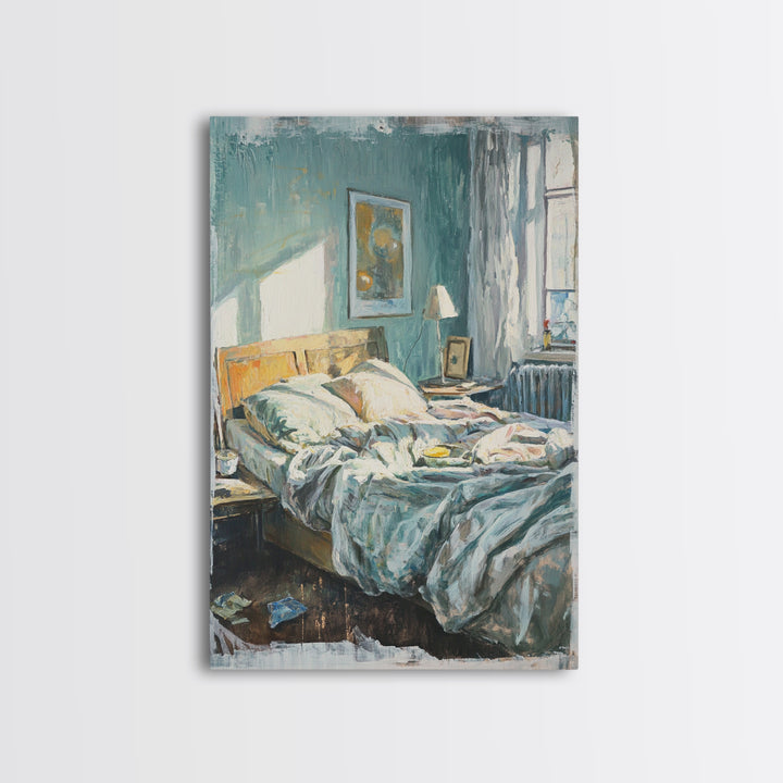 Messy Sunlit Bedroom Canvas Print, Cozy Bedroom Wall Art, Above Bed Decor, Modern Home Decor, Guest Room Wall Decor, Living Room Decor