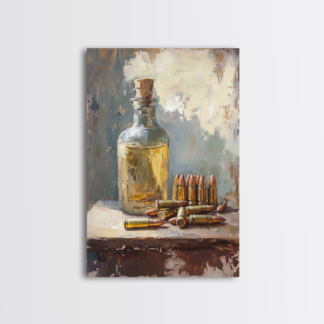 Amber Bottle And Brass Bullets Still Life Wall Art, Masculine Man Cave Decor, Rustic Office Print, Gift For Him, Moody Canvas