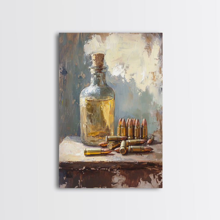 Amber Bottle And Brass Bullets Still Life Wall Art, Masculine Man Cave Decor, Rustic Office Print, Gift For Him, Moody Canvas