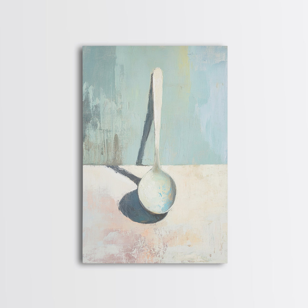 Single White Spoon Minimal Still Life Wall Art, Blue Shadow Minimalist Decor, Neutral Kitchen Print, Modern Canvas Print
