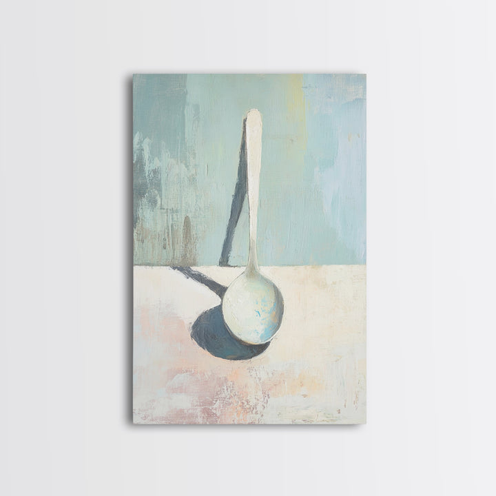 Single White Spoon Minimal Still Life Wall Art, Blue Shadow Minimalist Decor, Neutral Kitchen Print, Modern Canvas Print