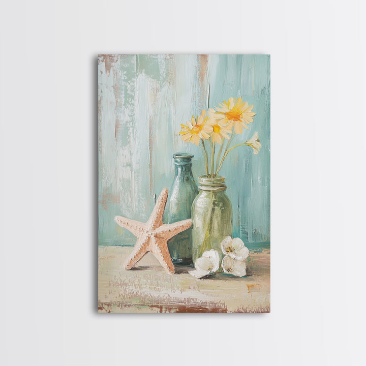 Starfish Daisies And Sea Glass Bottles Coastal Wall Art, Beach House Decor, Floral Canvas Print, Summer Gift For Her, Bathroom Decor