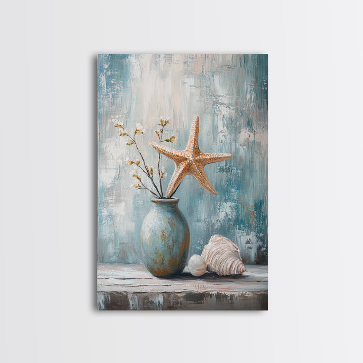 Orange Starfish Seashell And Blue Vase Coastal Wall Art, Nautical Beach Decor, Ocean Canvas Print, Serene Bathroom Art For Home