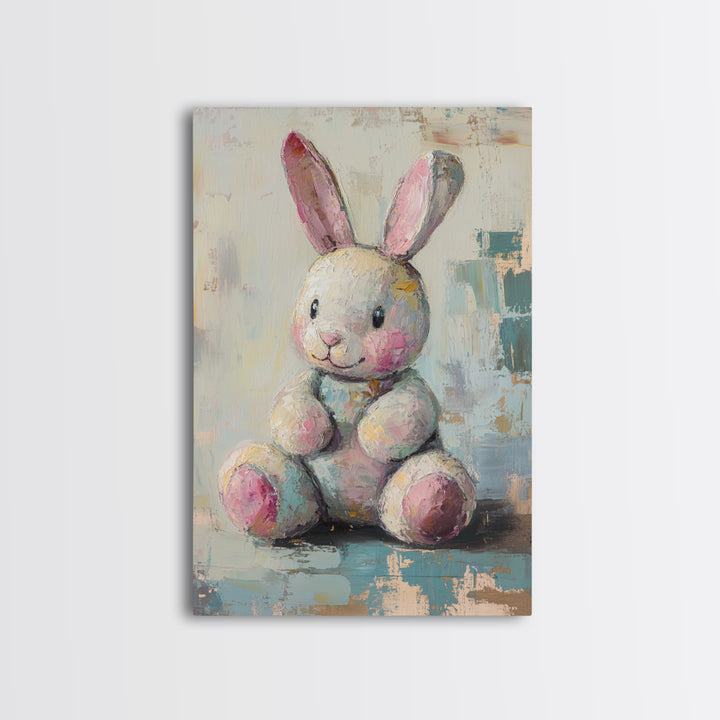 Plush Bunny Toy With Pink Ears Canvas Print, Whimsical Nursery Wall Art, Baby Girl Room Decor, Cute Animal Art, Baby Shower Gift