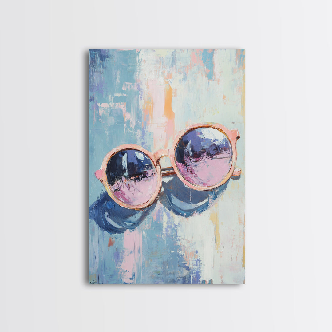 Pink Sunglasses On Blue Abstract Canvas Print, Fashion Wall Art, Dopamine Decor, Trendy Prints, Cool Girl Room Decor, Modern Wall Decor