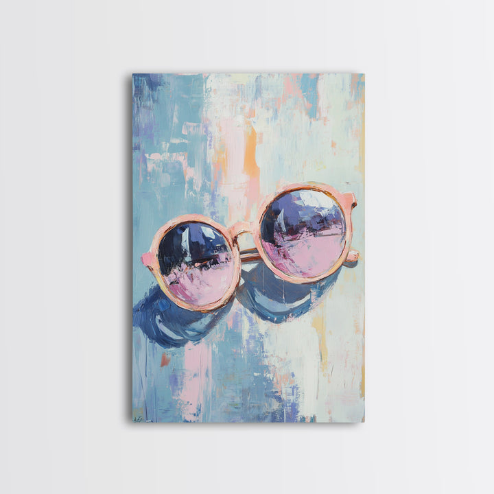Pink Sunglasses On Blue Abstract Canvas Print, Fashion Wall Art, Dopamine Decor, Trendy Prints, Cool Girl Room Decor, Modern Wall Decor
