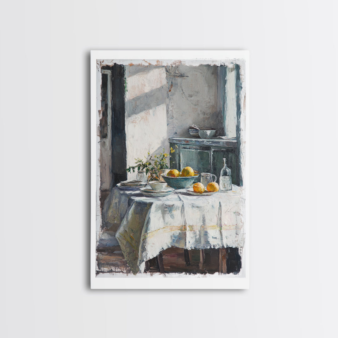 Sunlit Breakfast Table With Oranges Wall Art, Rustic Kitchen Decor, French Country Print, Still Life Art, Housewarming Gift