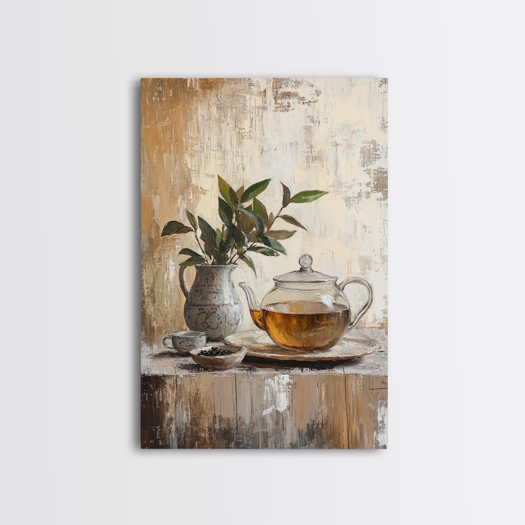 Glass Teapot With Potted Green Leaves Framed Canvas Print, Rustic Kitchen Wall Art, Botanical Tea Still Life Home Decor, Gift